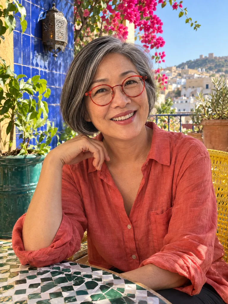 Editorial source-portrait concept: a fictional adult food and travel storyteller on a colorful terrace