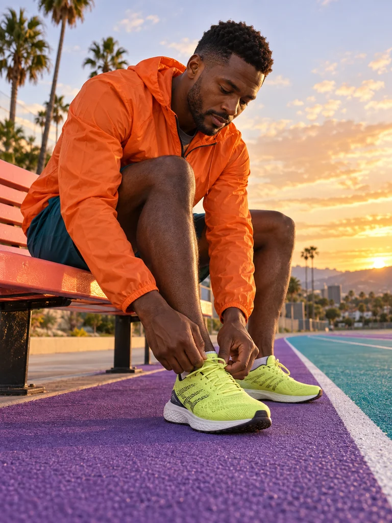 Editorial identity concept: a fictional adult fitness creator tying a shoe on a colorful running track