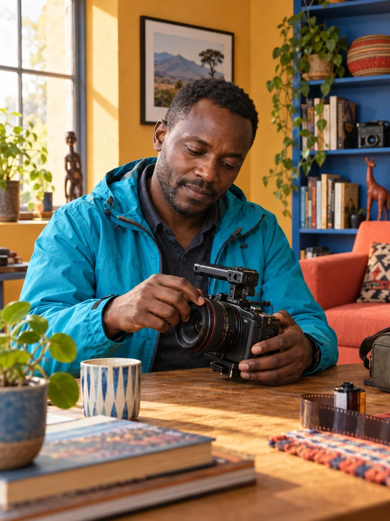 Editorial concept: a fictional adult filmmaker checking a camera in a colorful workspace