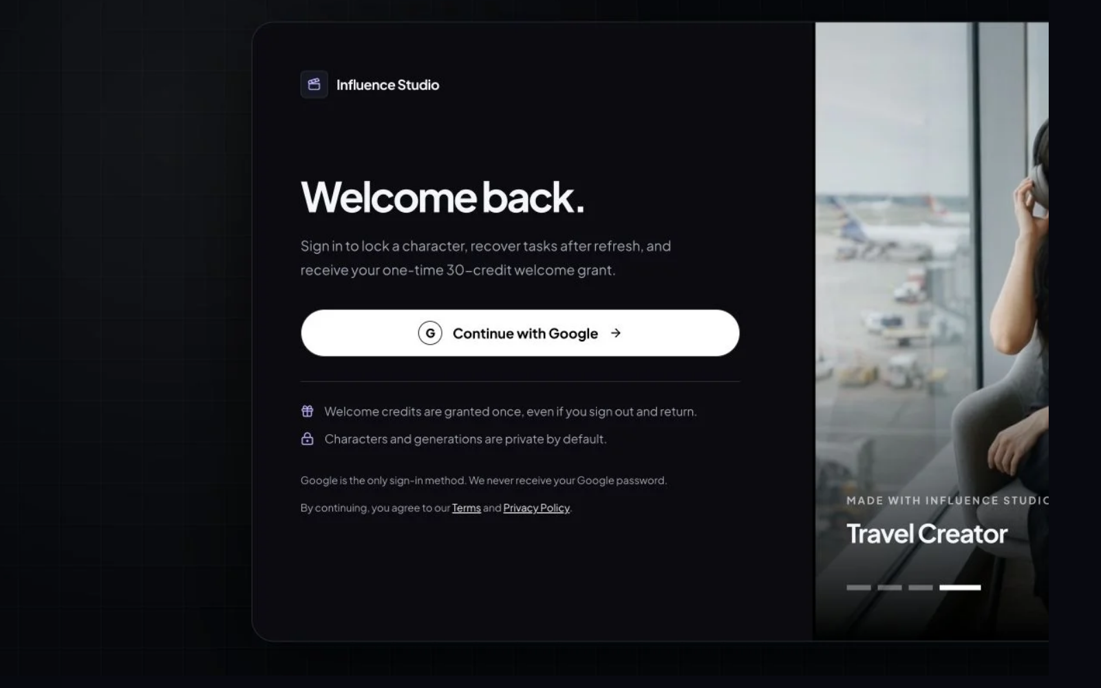 AI Influencer Generator Google sign-in screen
