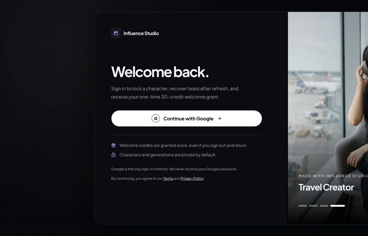 AI Influencer Generator Google sign-in screen