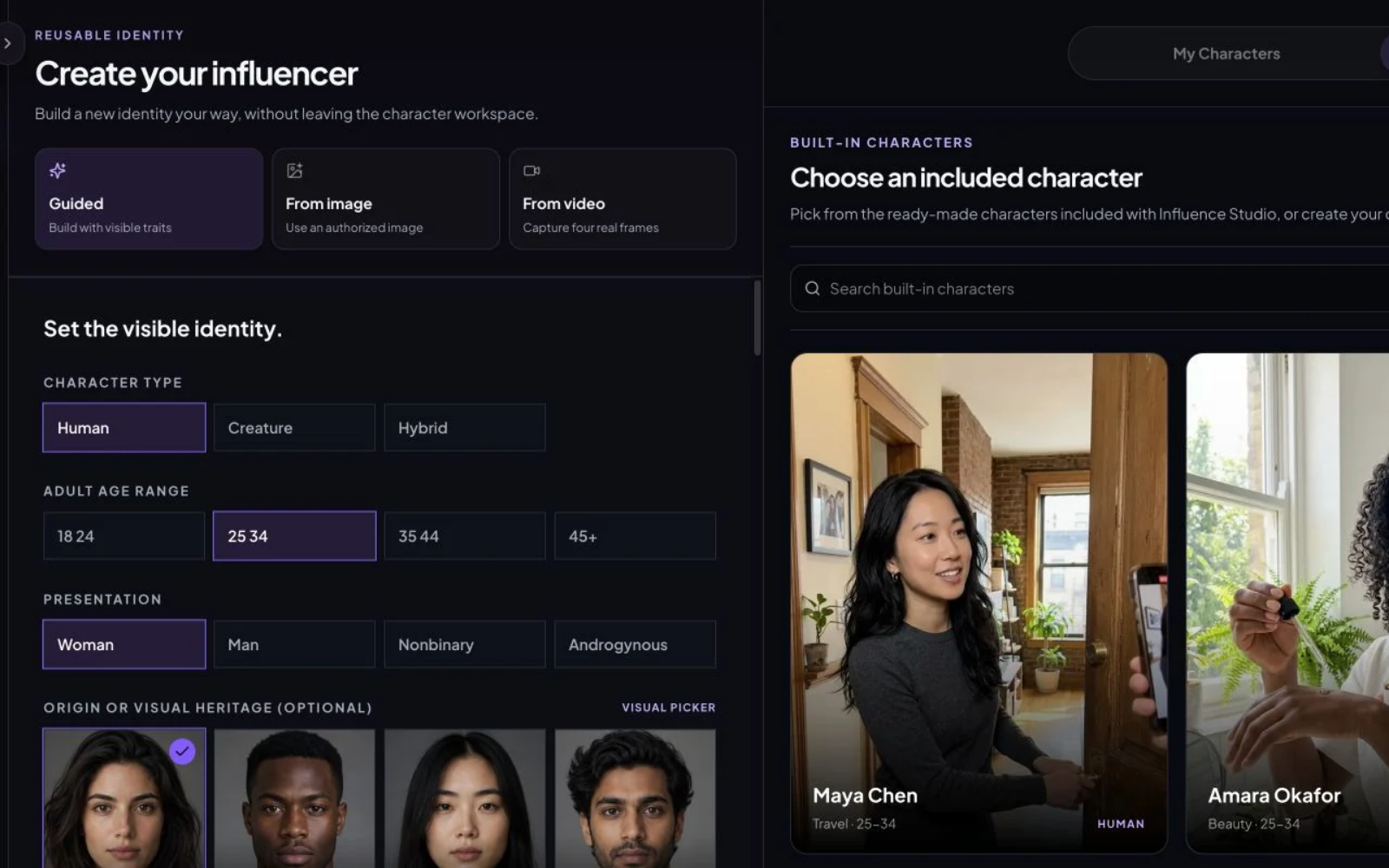 AI Influencer Generator character builder showing its creation options