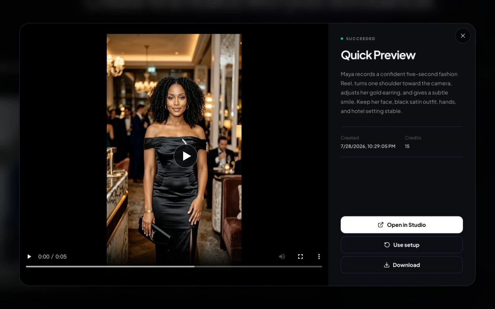 AI Influencer Generator History screen showing a completed generation
