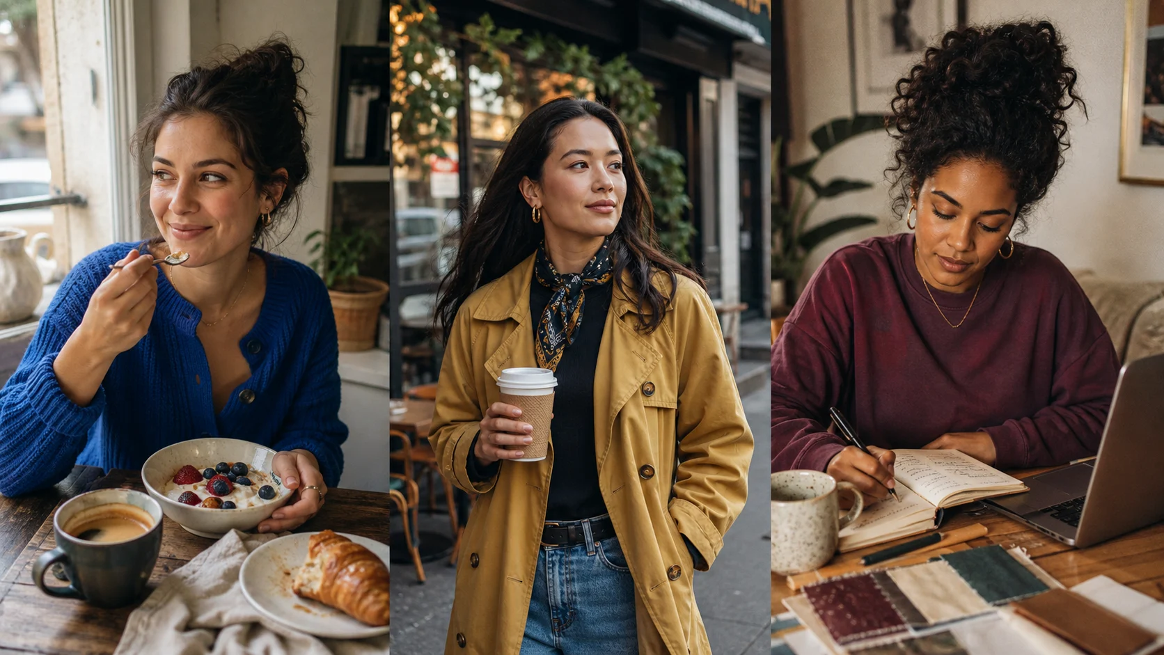 Three different fictional adult AI persona directions: breakfast creator, street-style creator, and home creative.