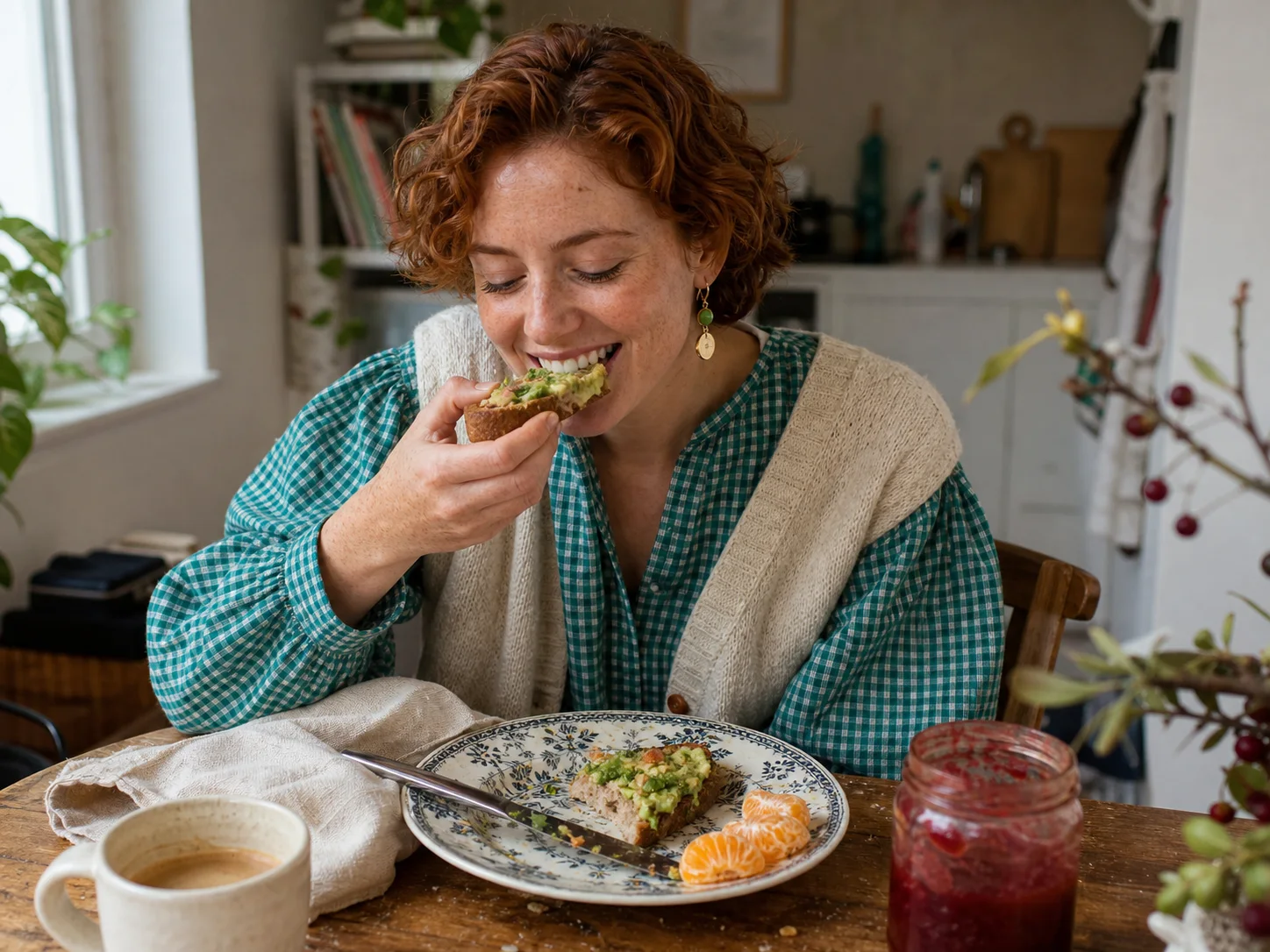 Fictional adult breakfast persona in a teal gingham blouse eating avocado toast at a lived-in kitchen table.