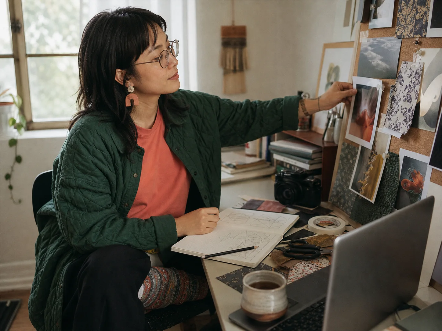 Fictional adult creator arranging a tactile visual mood board at a lived-in desk.