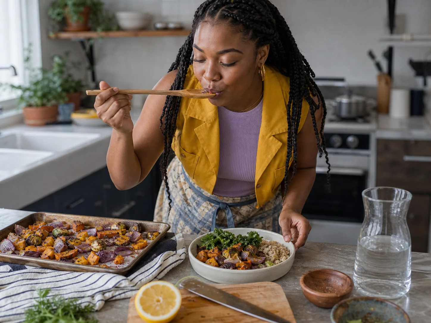 Fictional adult wellness persona tasting roasted vegetables while preparing a practical meal.