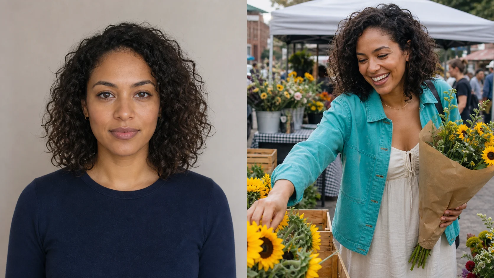 An approved fictional adult character reference beside a natural flower-market lifestyle scene