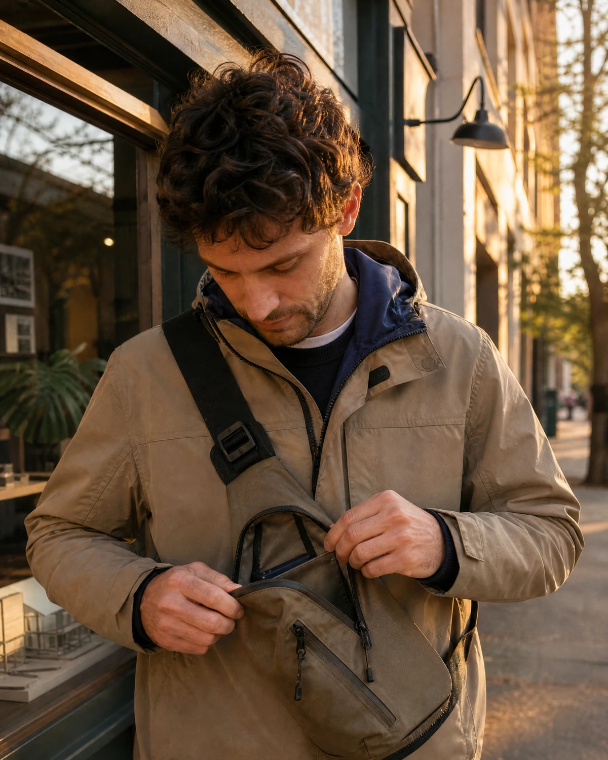 Fictional adult male creator holding an unbranded product in a natural lifestyle setting.