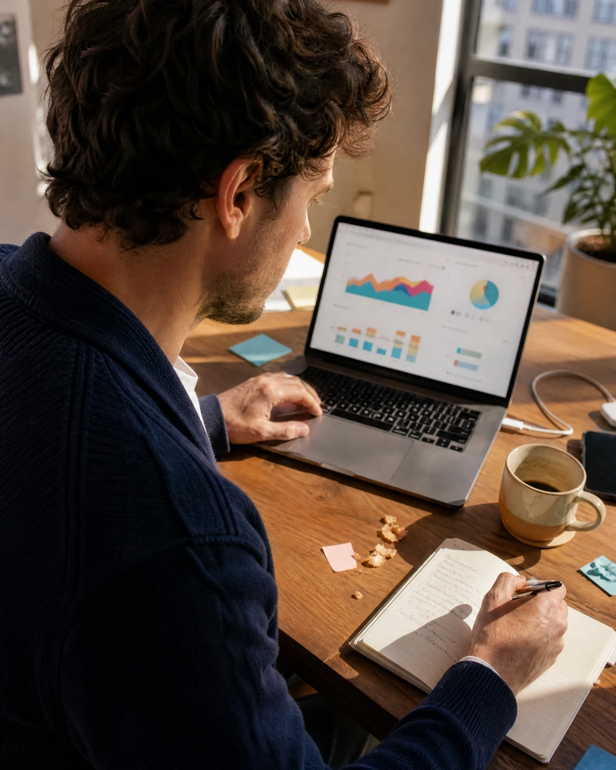 Fictional adult male creator reviewing a content plan at a lived-in desk.