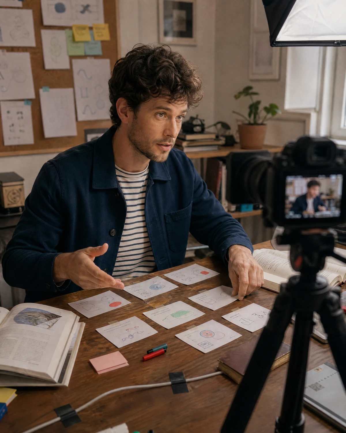 Fictional adult male creator preparing a digital education lesson in a home studio.