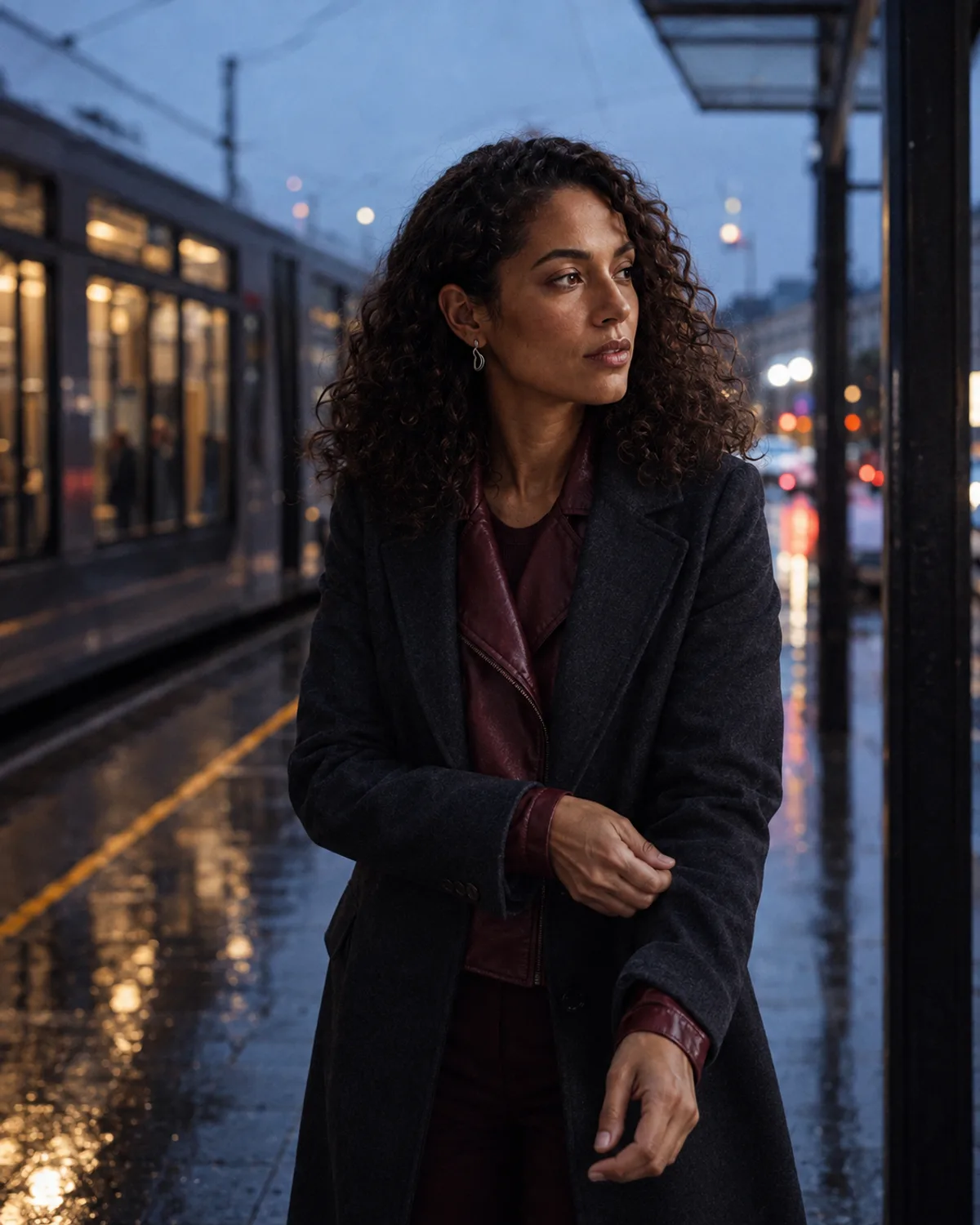 The same fictional adult creator in a rainy city fashion scene