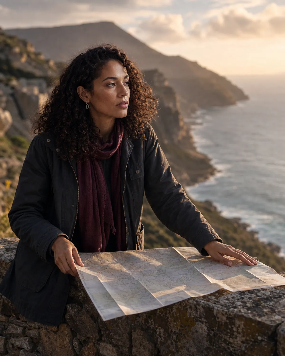 The same fictional creator planning a coastal travel scene