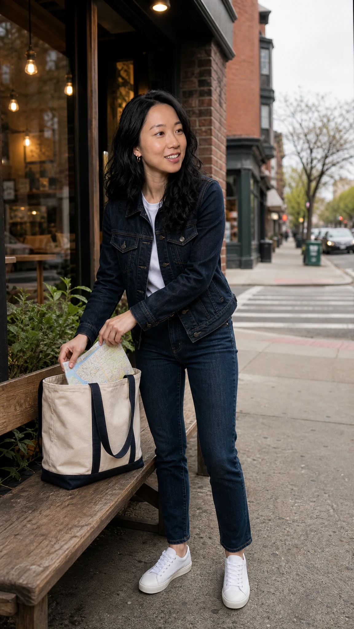 Fictional adult Maya Chen placing a folded map into a canvas tote outside a cafe