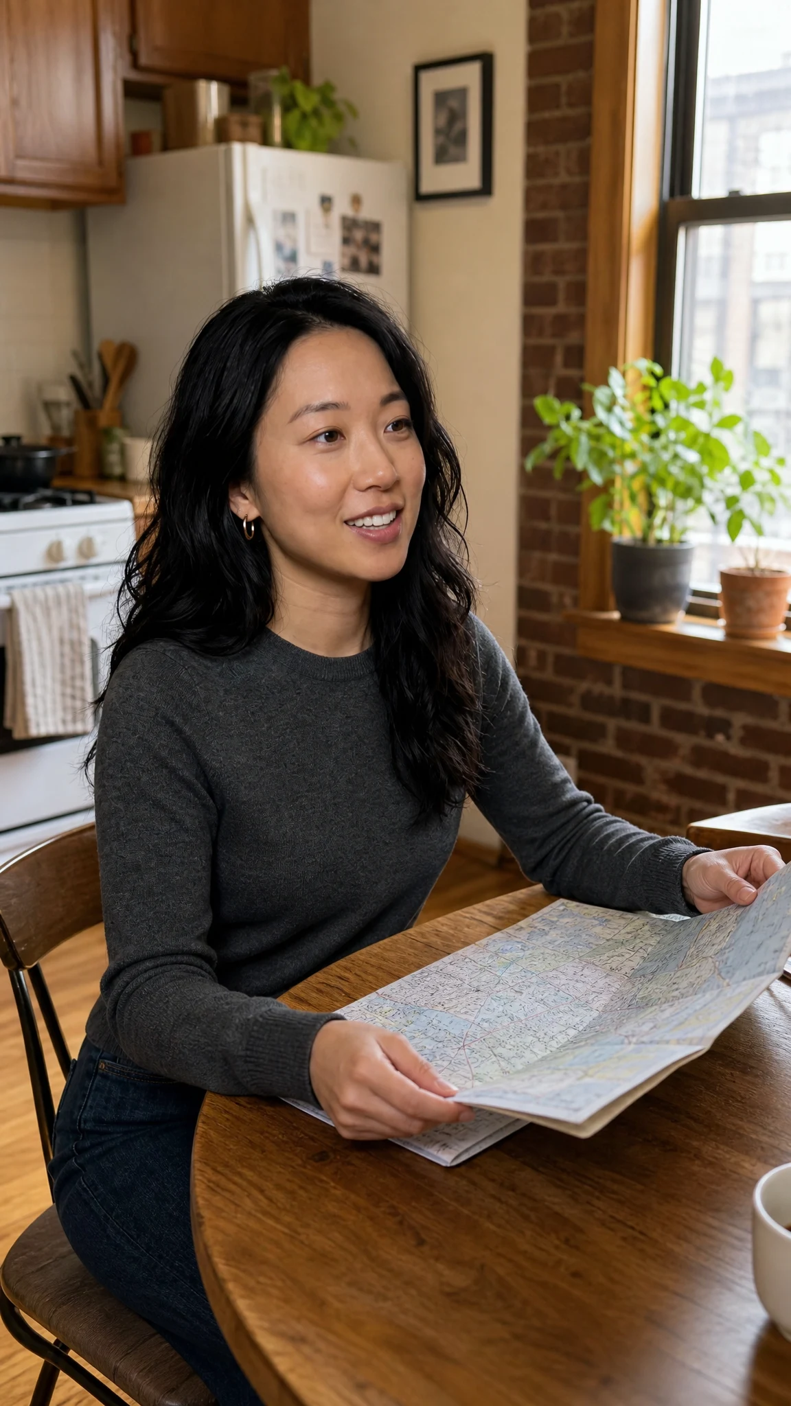 Fictional adult Maya Chen opening a city map at an apartment kitchen table