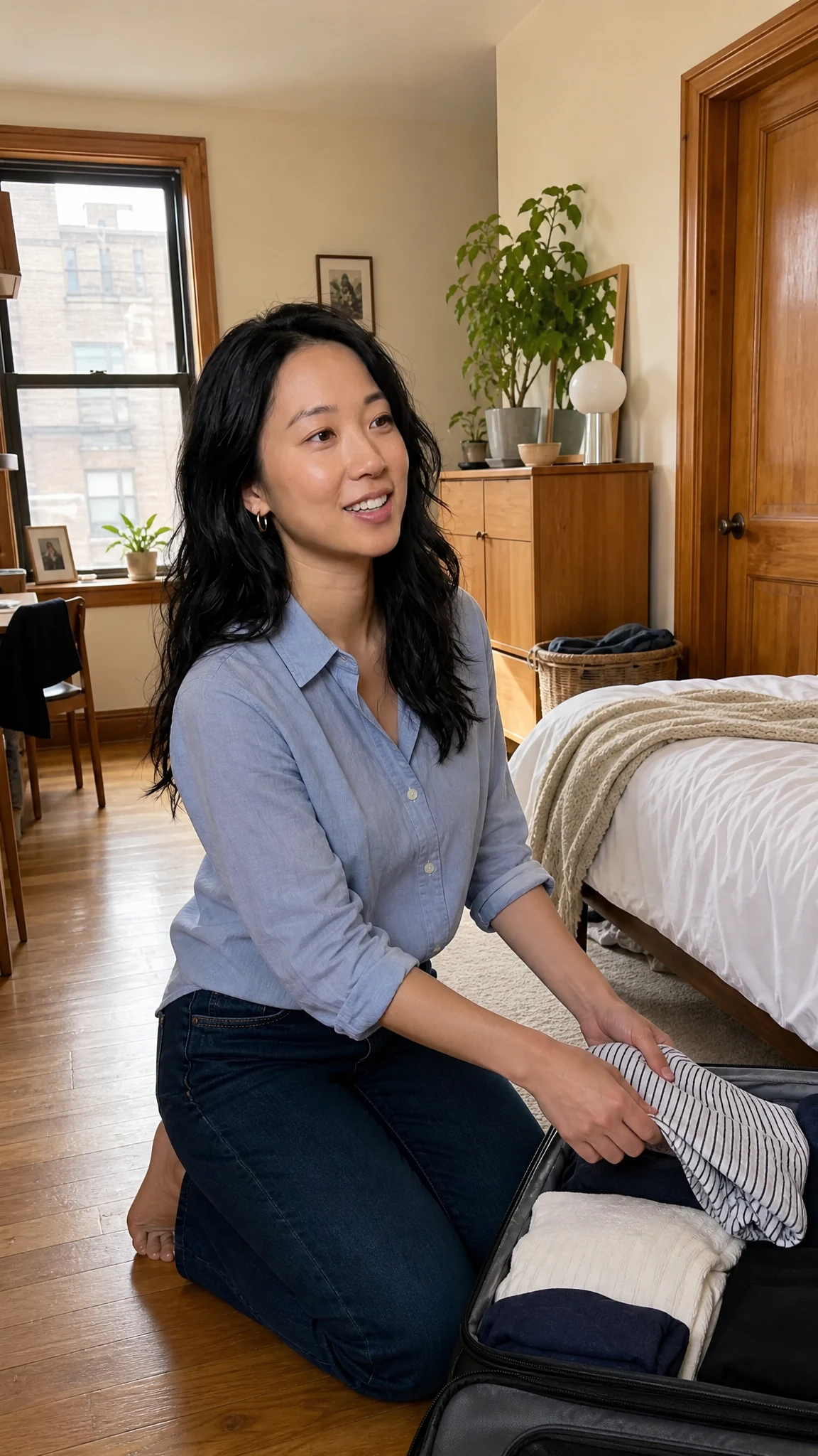 Fictional adult Maya Chen packing a striped cotton shirt into a suitcase in an apartment bedroom