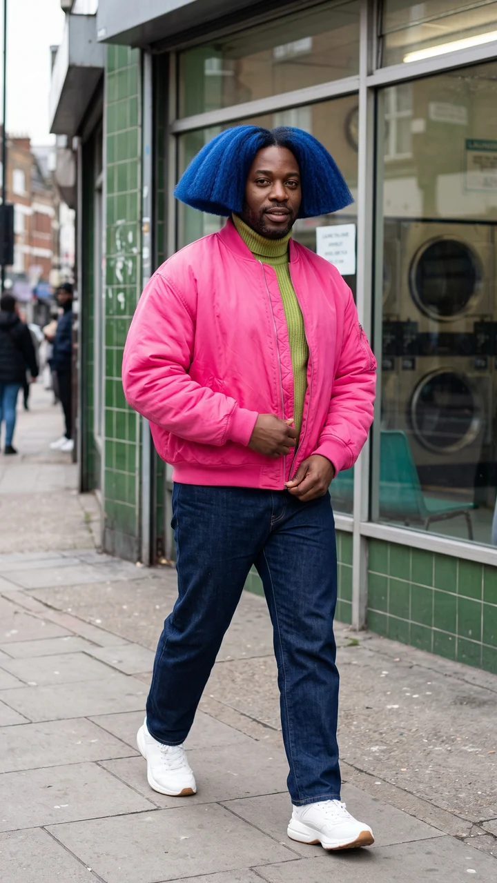 Niko Bloom, a fictional adult human ugc creator, pulling down the zipper of his bomber jacket with one hand while walking past a tiled city laundromat