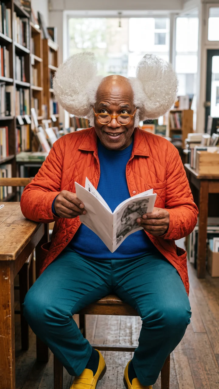 Otis Puff, a fictional adult human storytelling creator, reading an open paper zine at a small table in an independent bookshop, glancing up with an amused expression