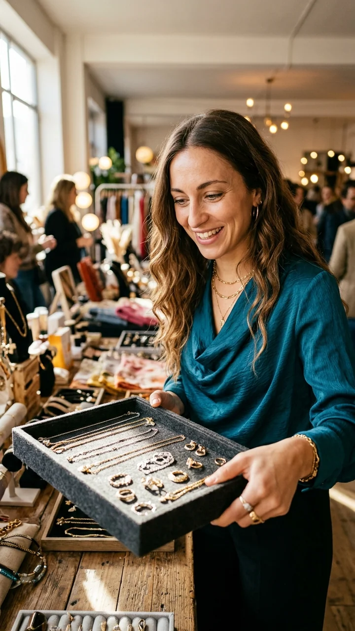 Starter character Valentina Rossi holding a jewelry display tray.