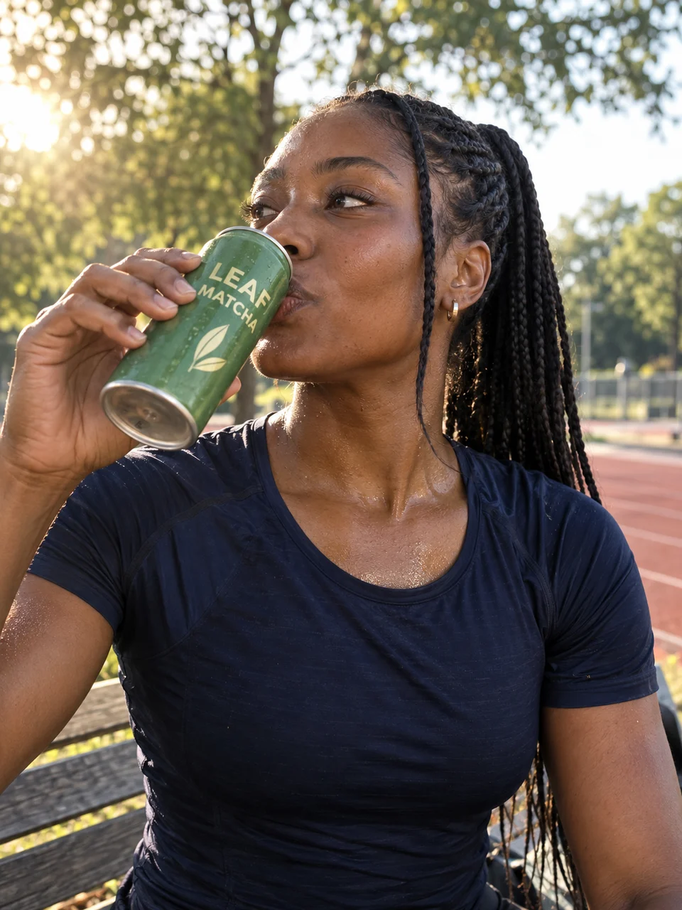 AI influencer drinking matcha after a run