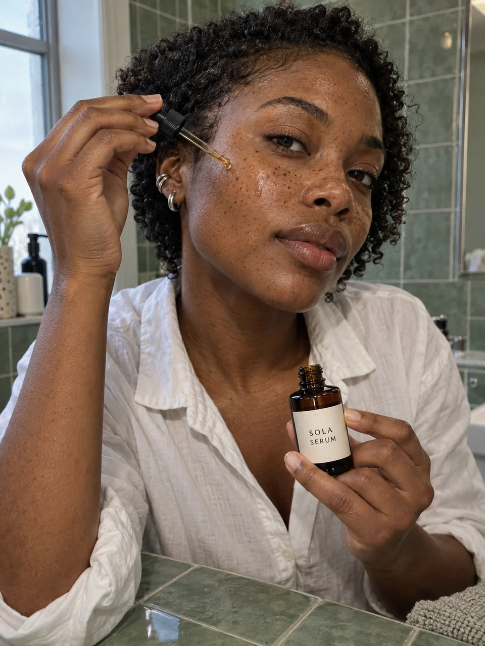 Fictional adult creator demonstrating a labeled Sola Serum bottle with coherent hands, dropper contact and bathroom lighting.