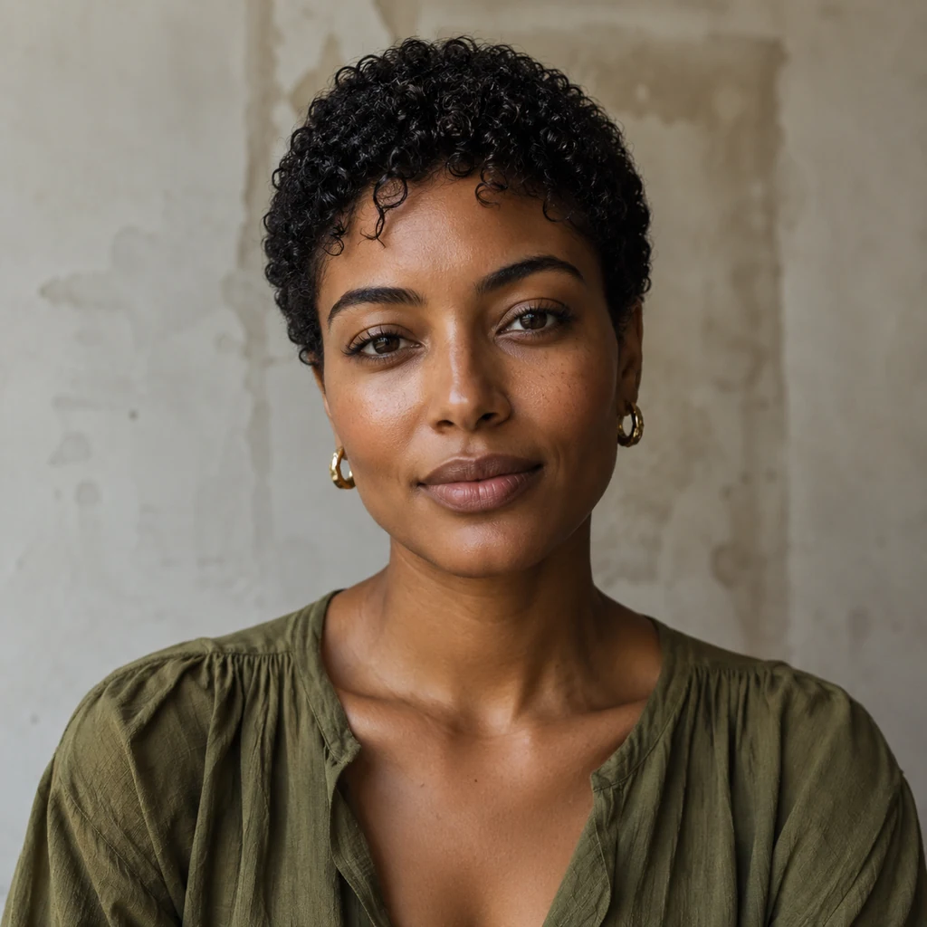Original fictional adult woman with a warm editorial portrait