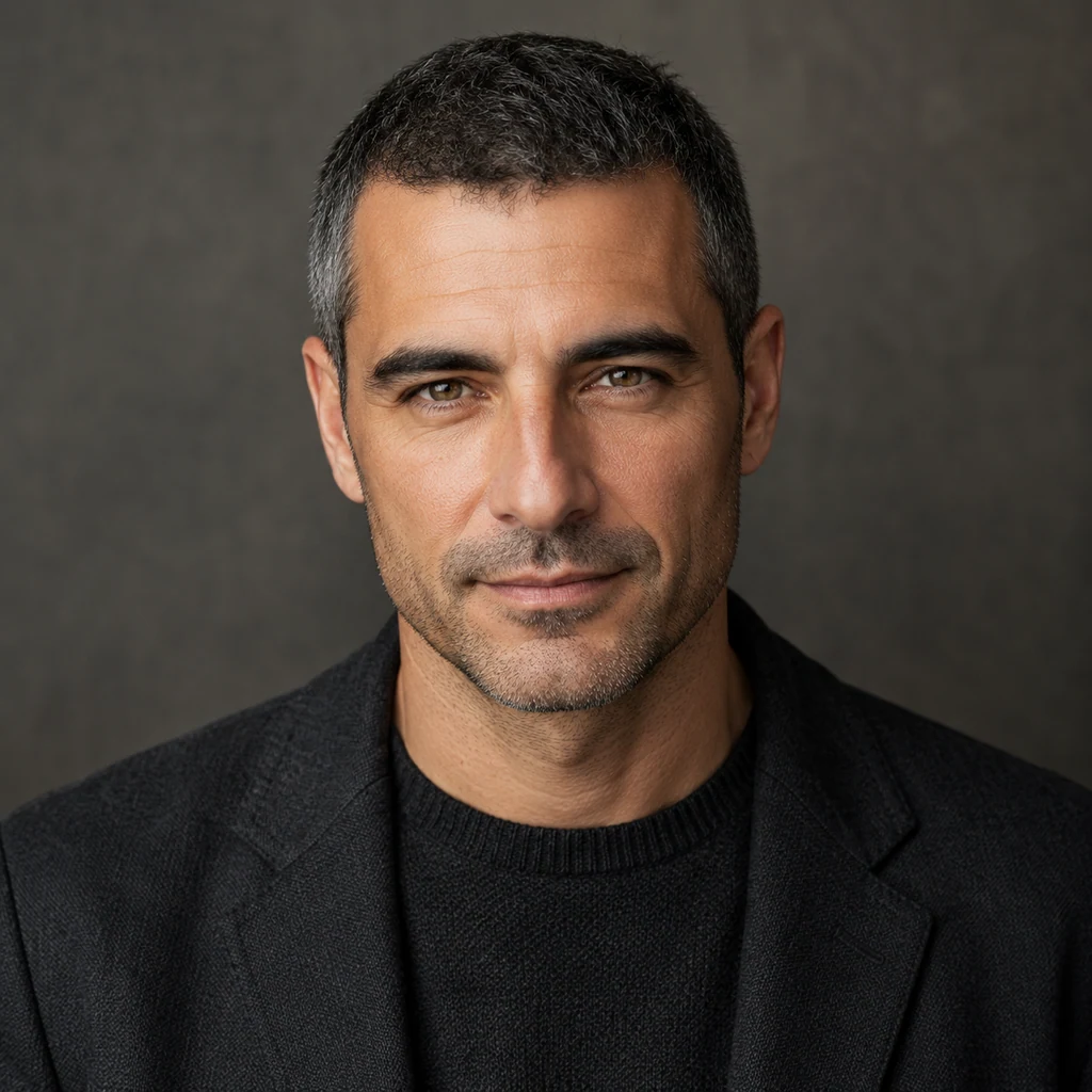Original fictional adult man in a clean profile portrait