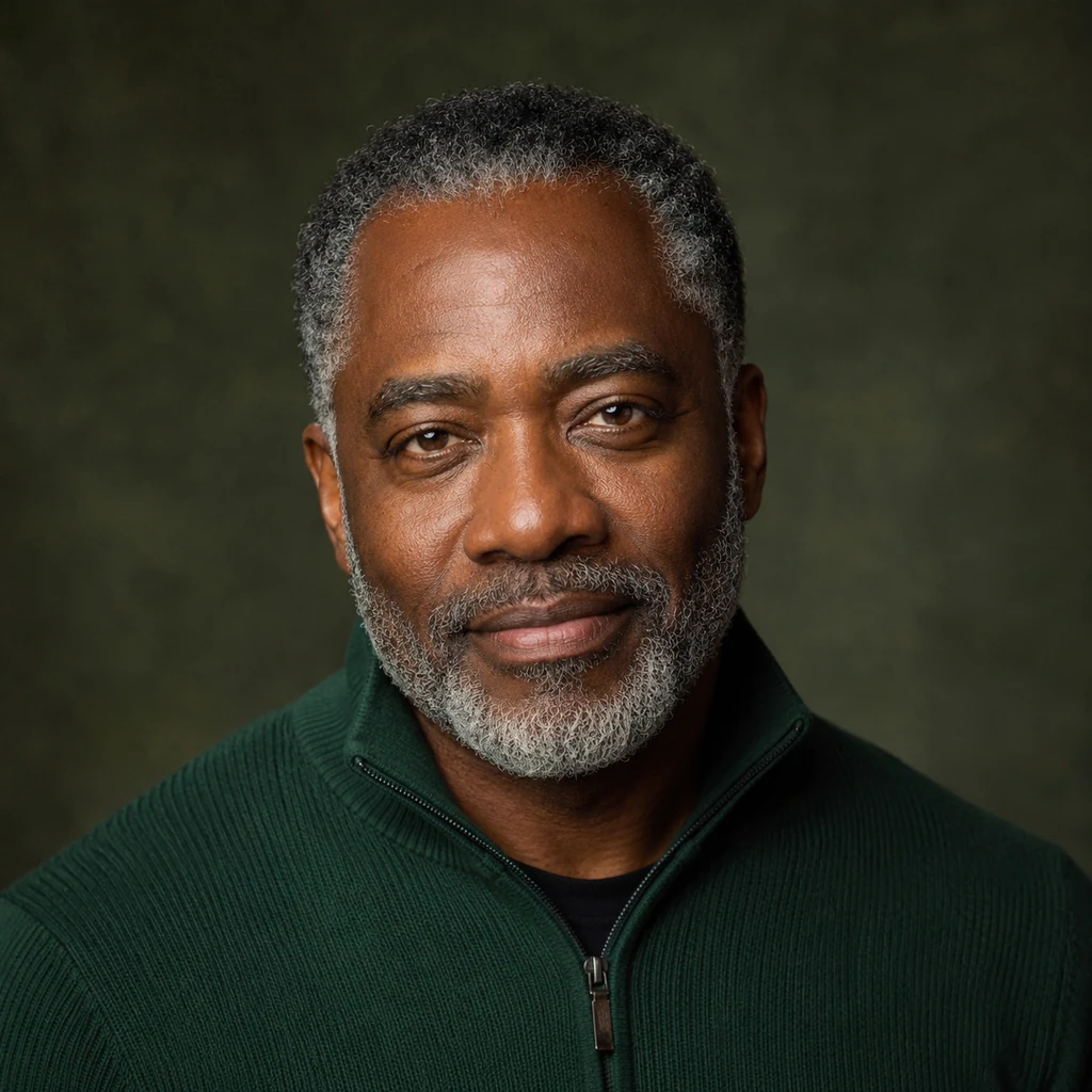 Original fictional older adult man in soft studio light