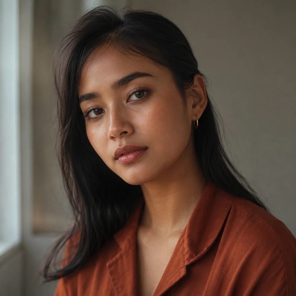 Original fictional adult woman in soft window light