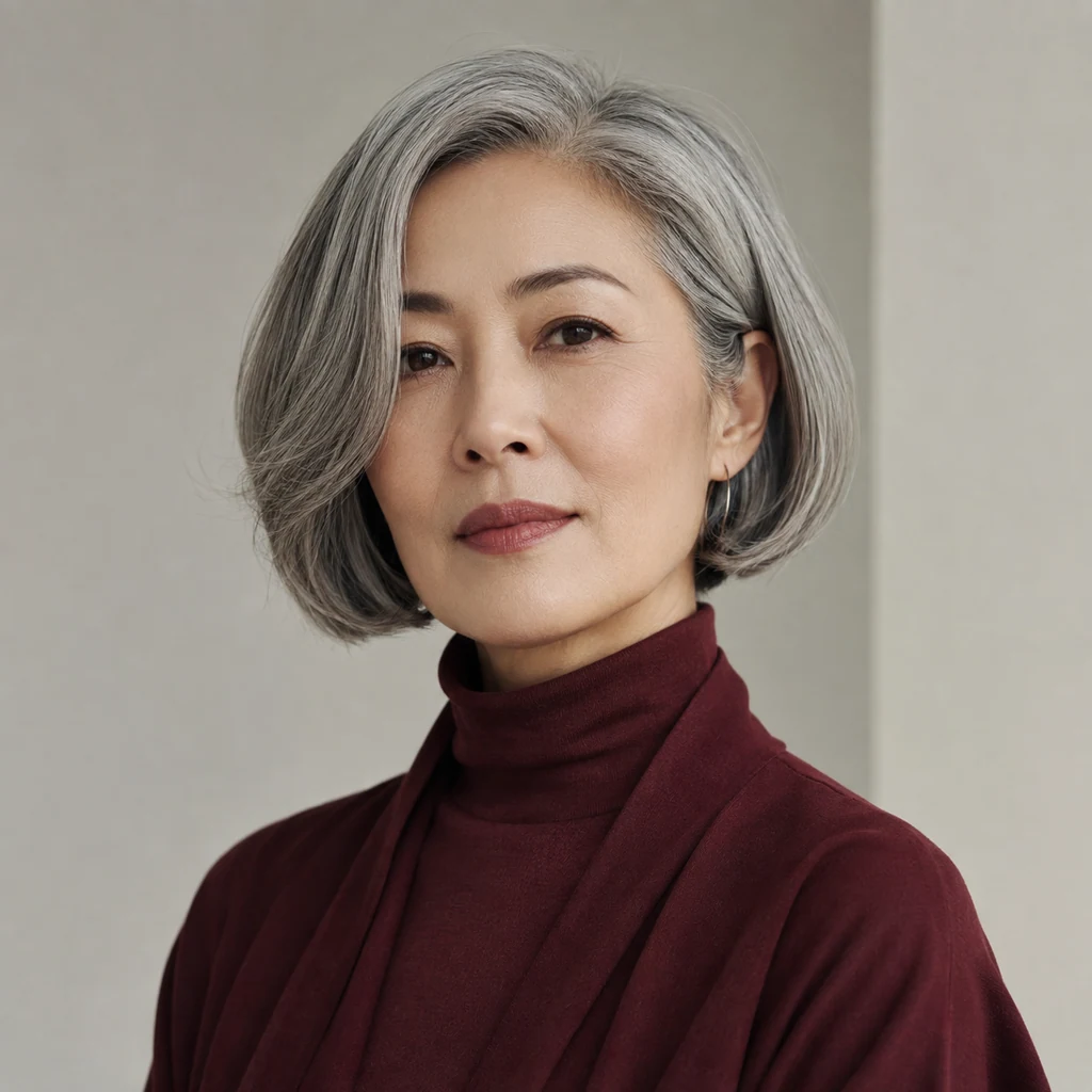 Original fictional older adult woman with a silver bob