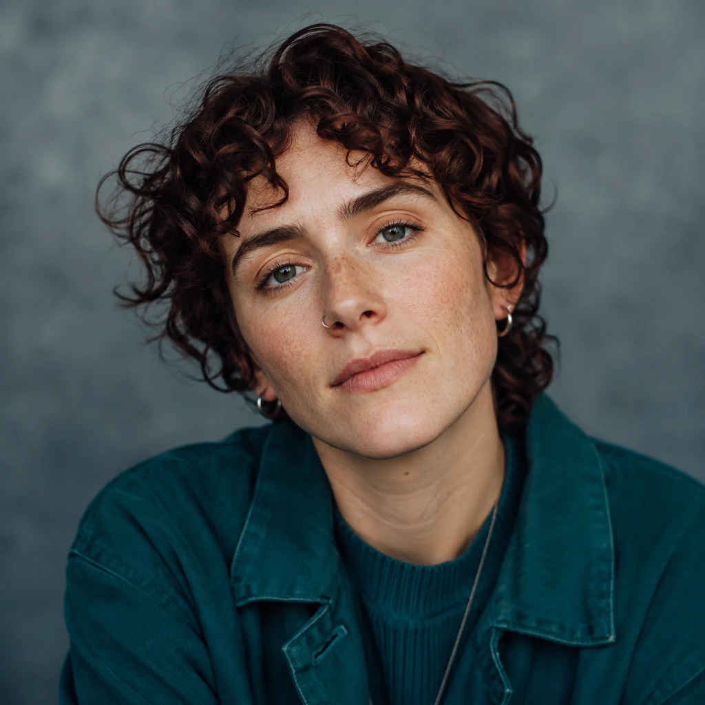 Original fictional nonbinary adult with auburn curls