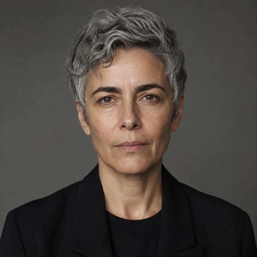 Original fictional older nonbinary adult in clean studio light