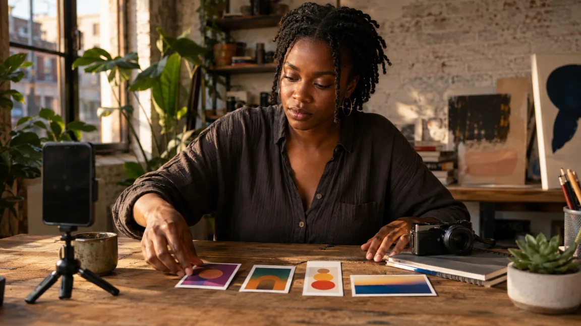 A fictional adult creator planning square, portrait, vertical, and landscape social content formats in a lived-in studio.
