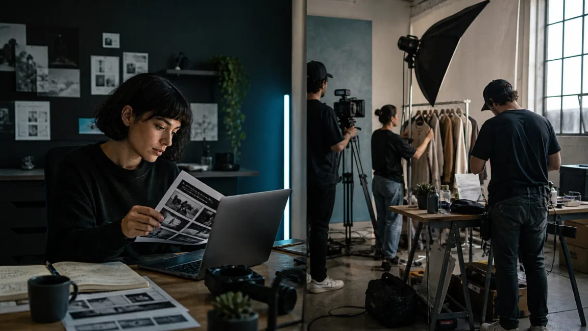 Fictional adult AI creator working alone beside a traditional video production crew in a split editorial scene.
