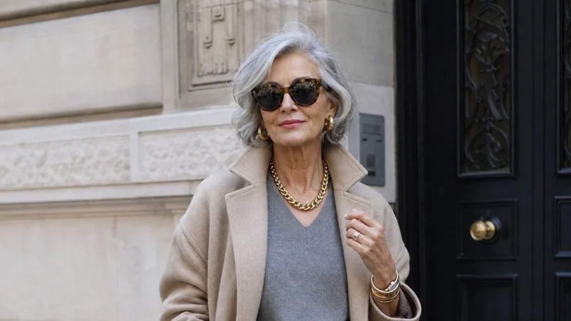 Authorized Baddie Betty portrait featuring silver hair, sunglasses, gold jewelry, and neutral luxury clothing outside an urban doorway.