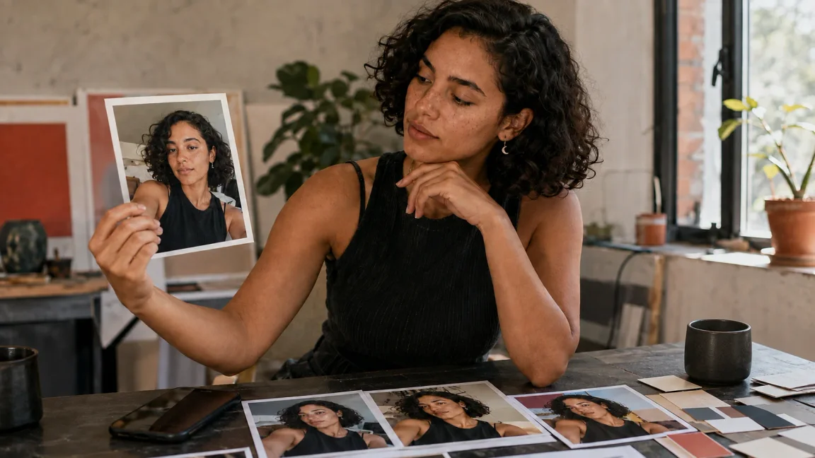 A fictional adult creator reviewing natural selfie prints and visual references in a daylight studio.