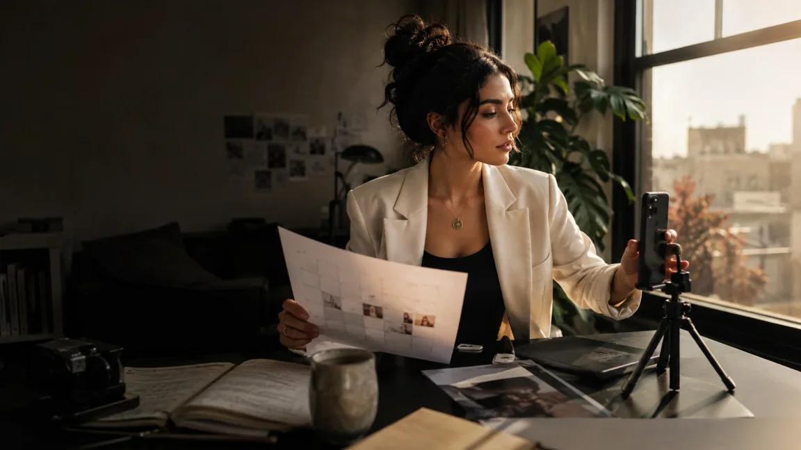 A fictional adult virtual creator reviewing a content calendar beside a phone tripod in a warm apartment workspace.