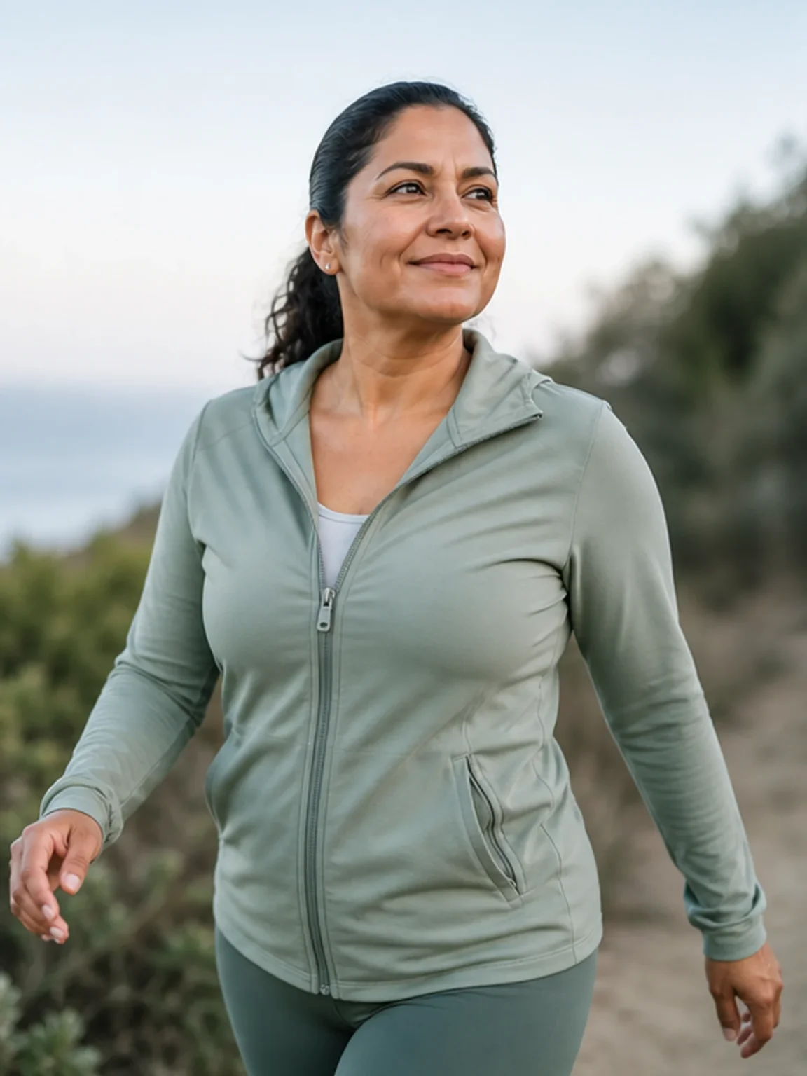 Fictional adult wellness character in an outdoor campaign scene