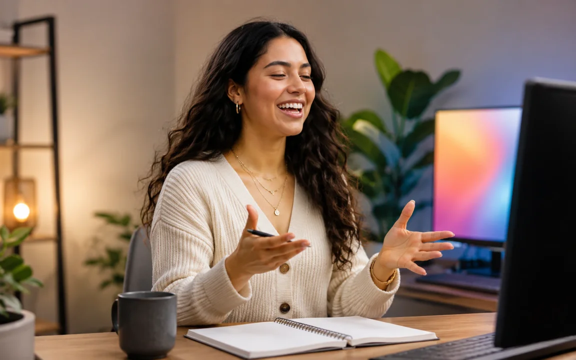 Fictional adult presenter explaining an unbranded software interface for a tech product review.