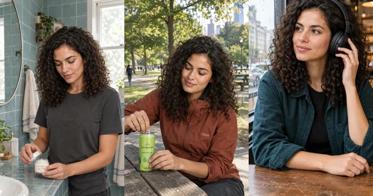 Three real AI Influencer Generator outputs of the same fictional creator Mara Vale across skincare, drink and headphones concepts