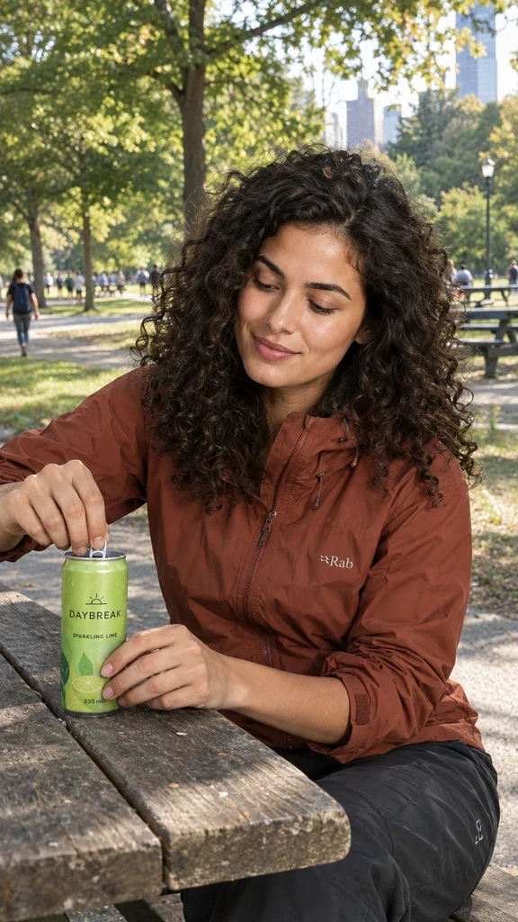 Mara Vale with a fictional DAYBREAK lime drink at a park table, a second scene made with the saved character