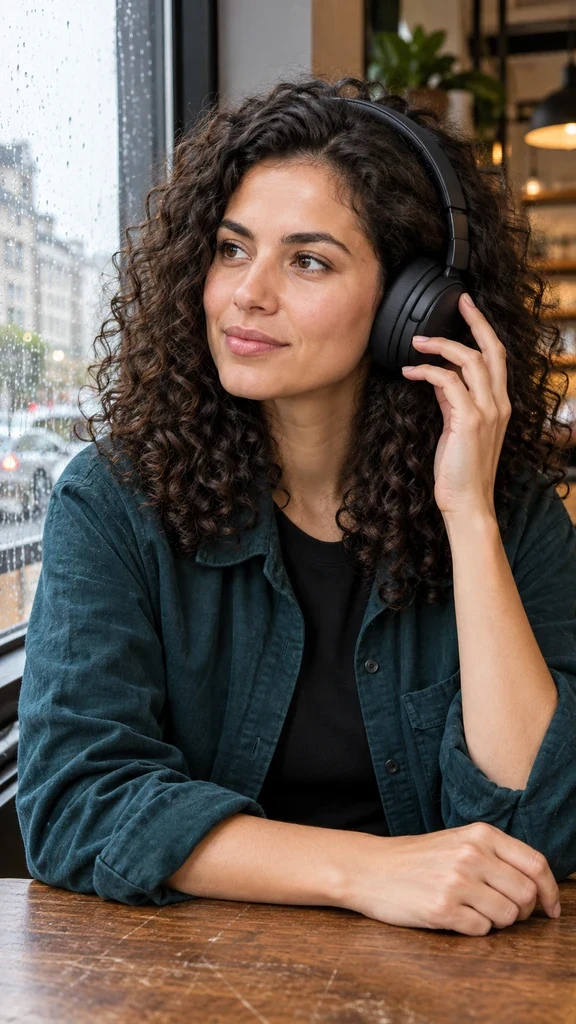 Mara Vale adjusting black headphones beside a café window, a third product concept made with the same saved character