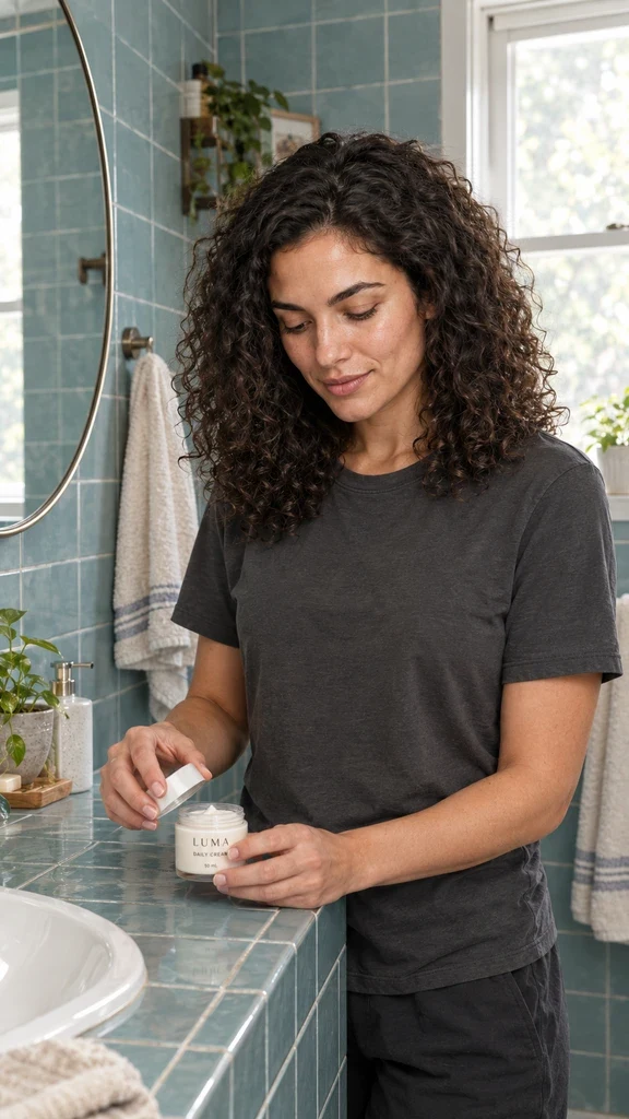 Mara Vale opening a fictional LUMA skincare jar at a bathroom counter, generated in AI Influencer Generator