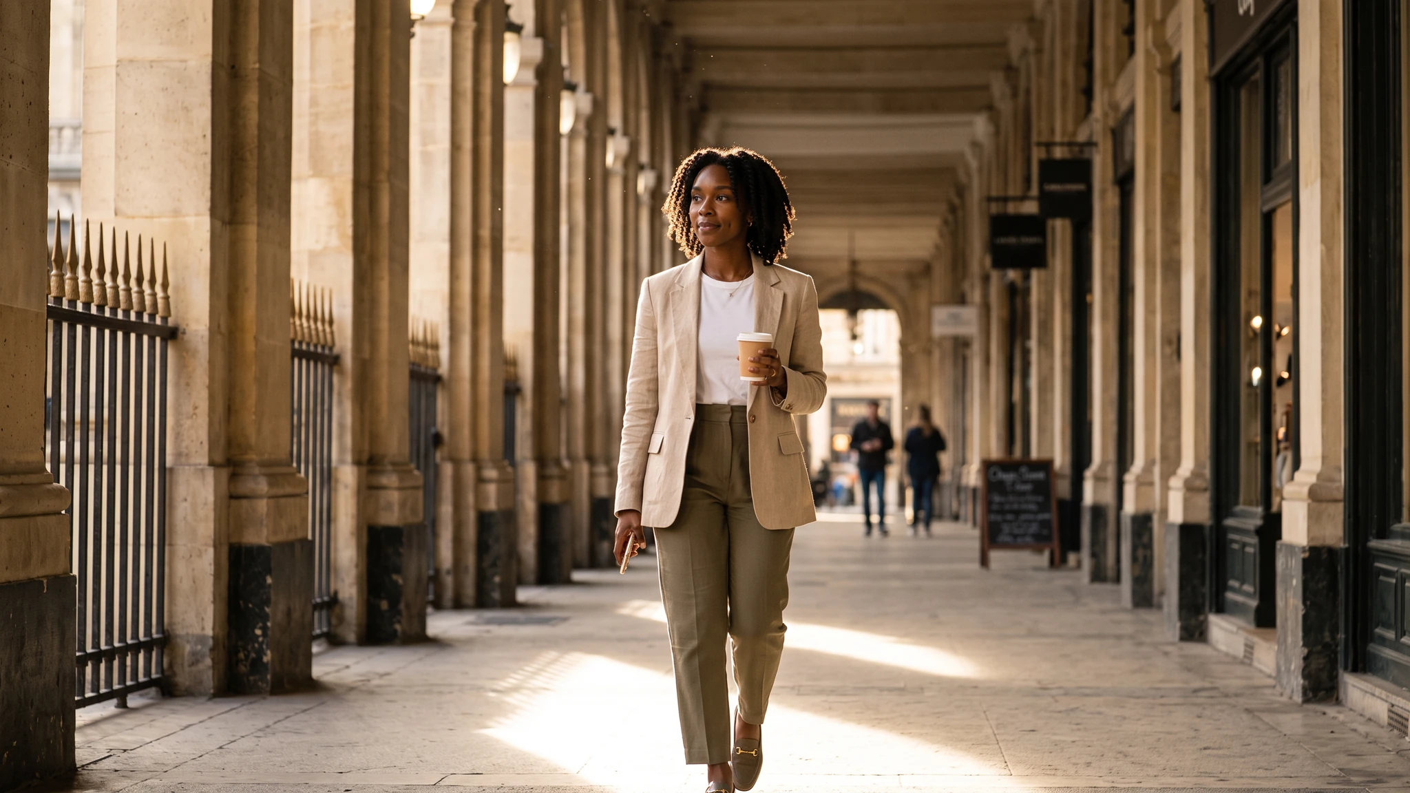 Fictional adult style creator walking through a sunlit city arcade with a phone and coffee.