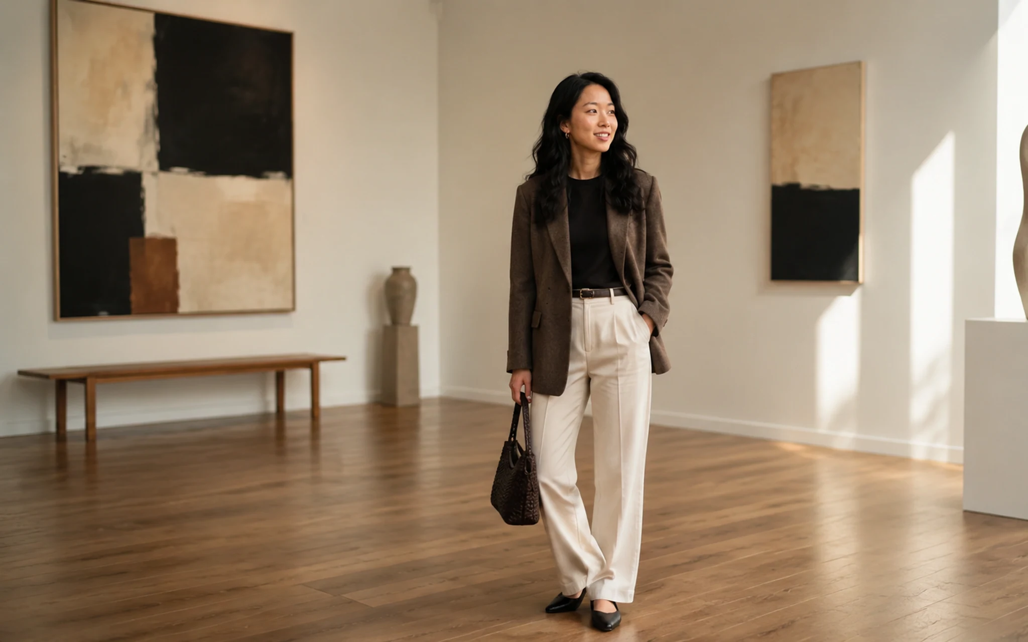 AI-generated fictional adult fashion model in a tailored lookbook scene