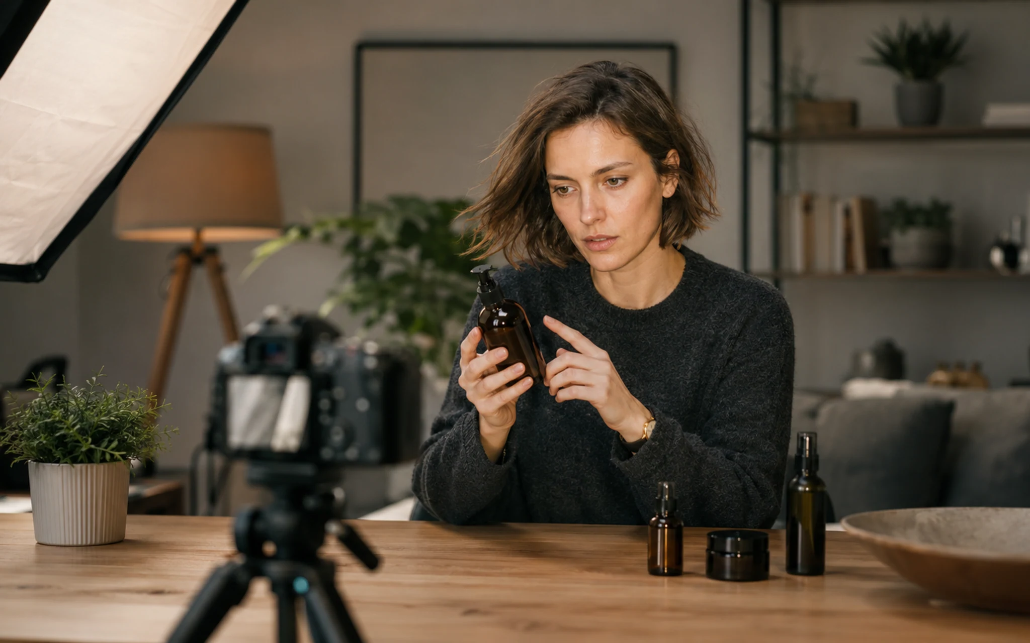 Fictional adult presenter holding a generic owned product in a review-style scene.