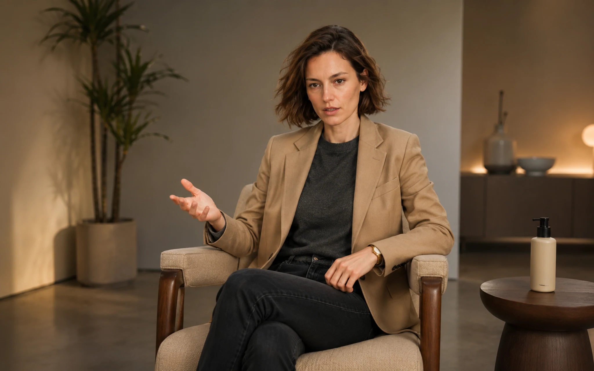 Fictional adult creator speaking directly to camera in a promotion concept.