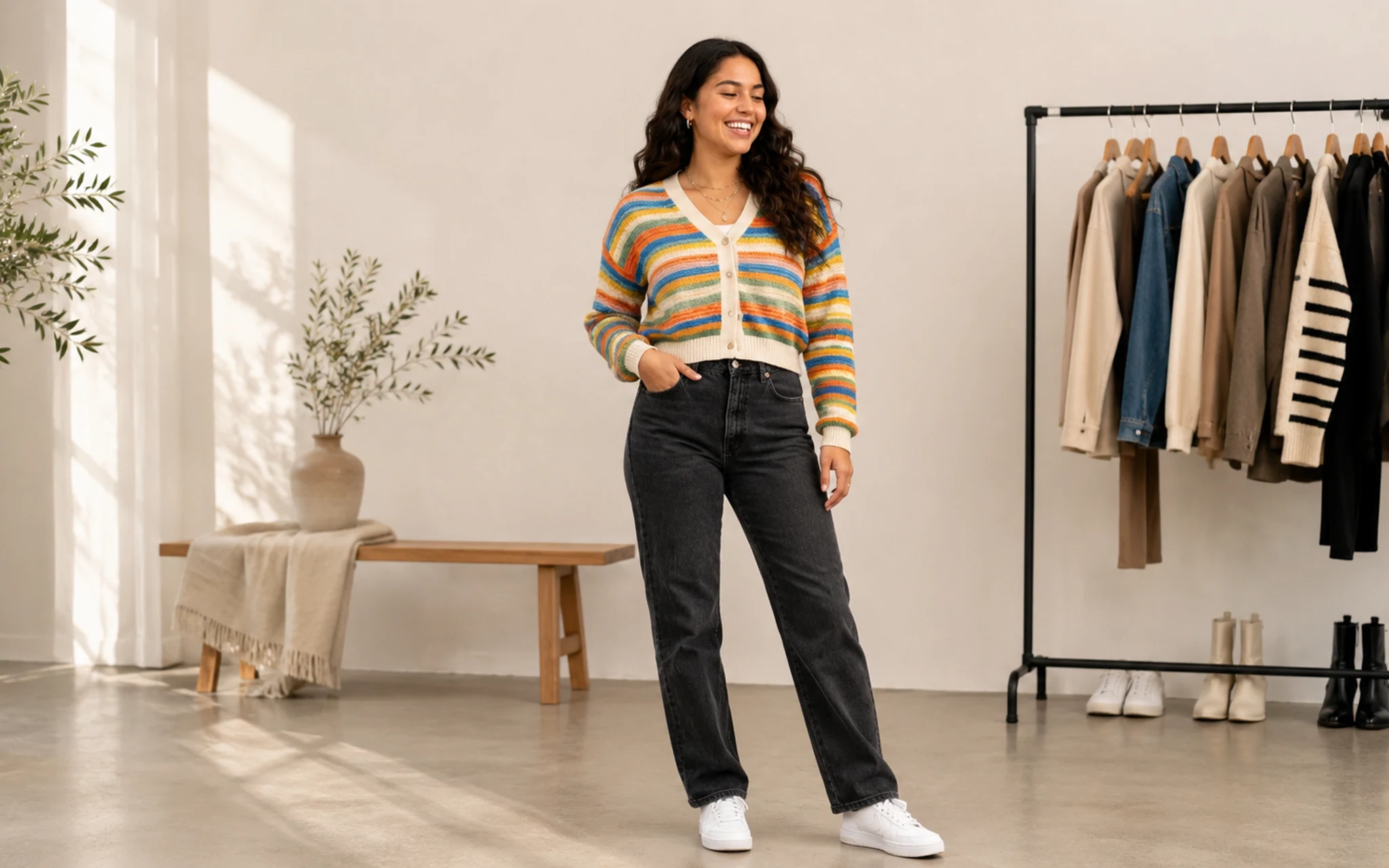 AI-generated fictional adult fashion model in a wardrobe scene