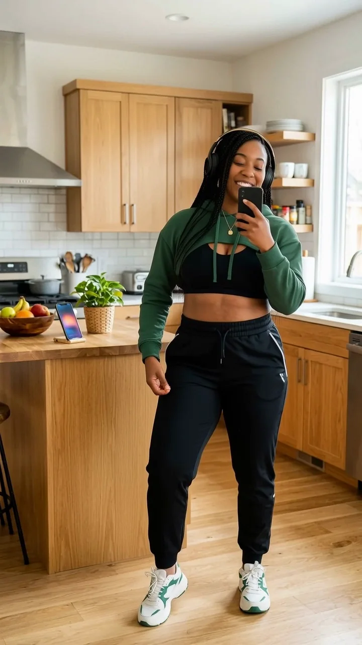 Imani performs a generated workout outfit fit check.