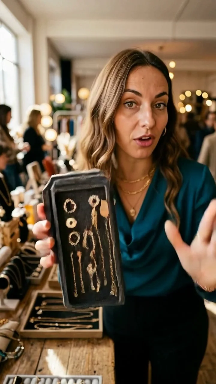 Fictional adult creator presenting jewelry in a vertical social video